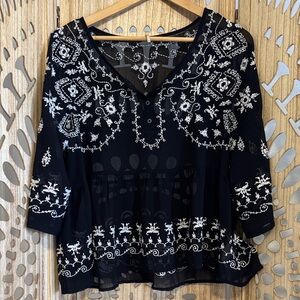 Free People Sheer Navy Peasant Top